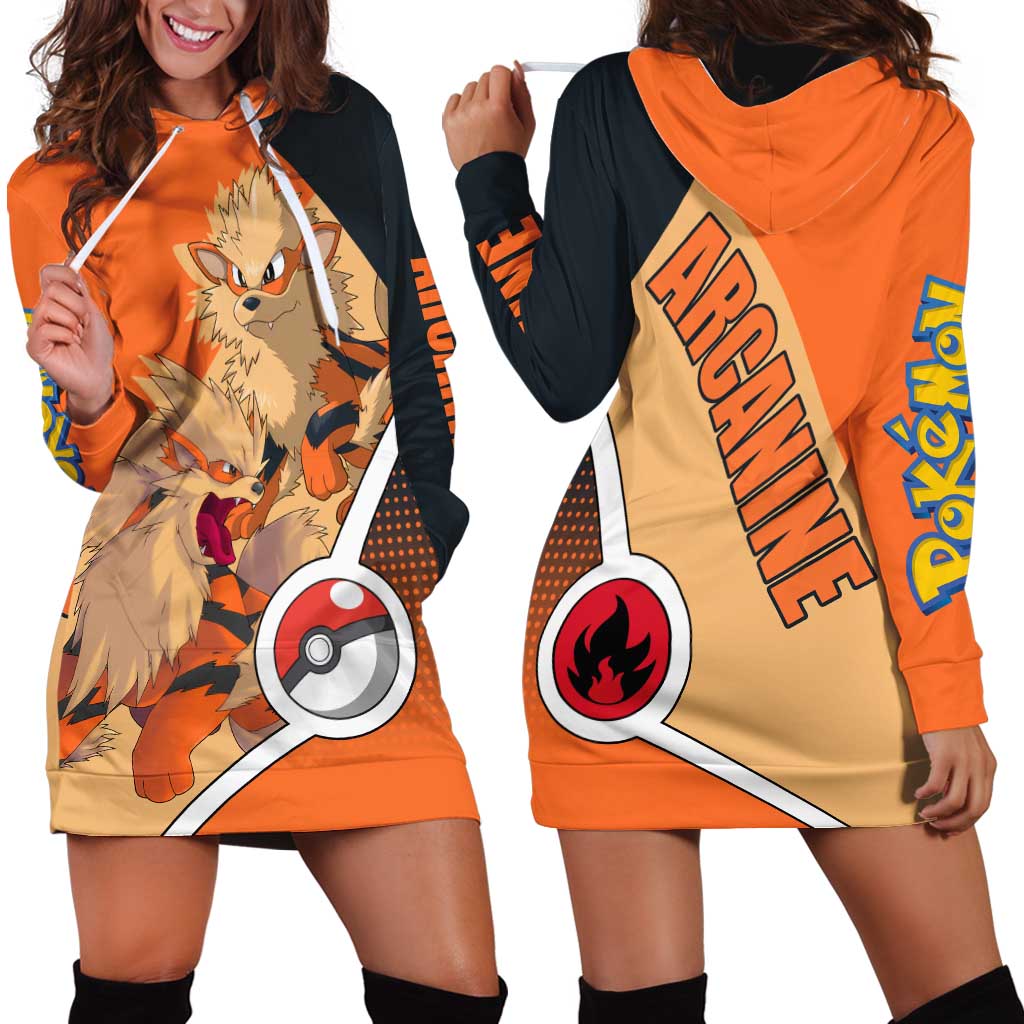 Arcanine Poké Hoodie Dress with Fire Type Badge Design and Fierce Roar Pose Print - The Mazicc