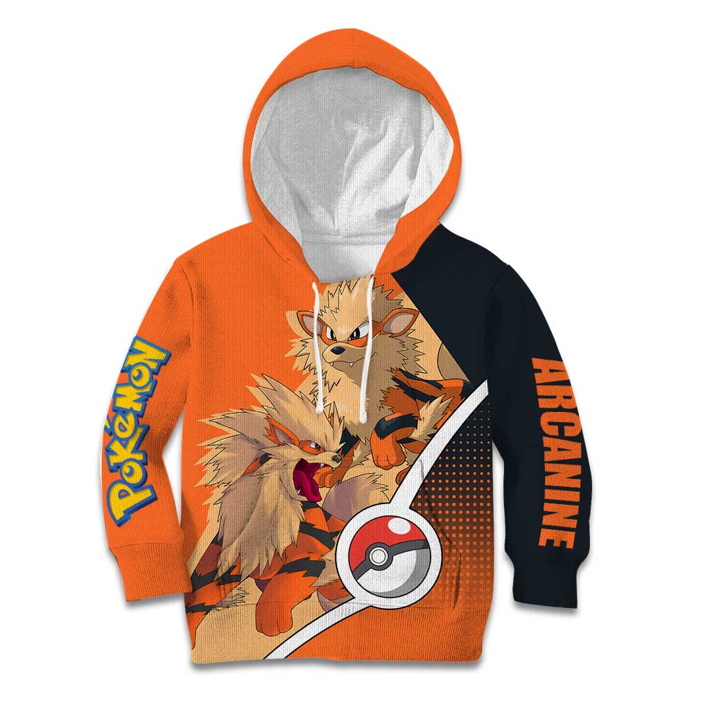 Arcanine Poké Kid Hoodie with Fire Type Badge Design and Fierce Roar Pose Print - The Mazicc