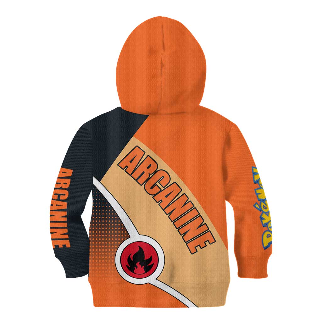 Arcanine Poké Kid Hoodie with Fire Type Badge Design and Fierce Roar Pose Print - The Mazicc
