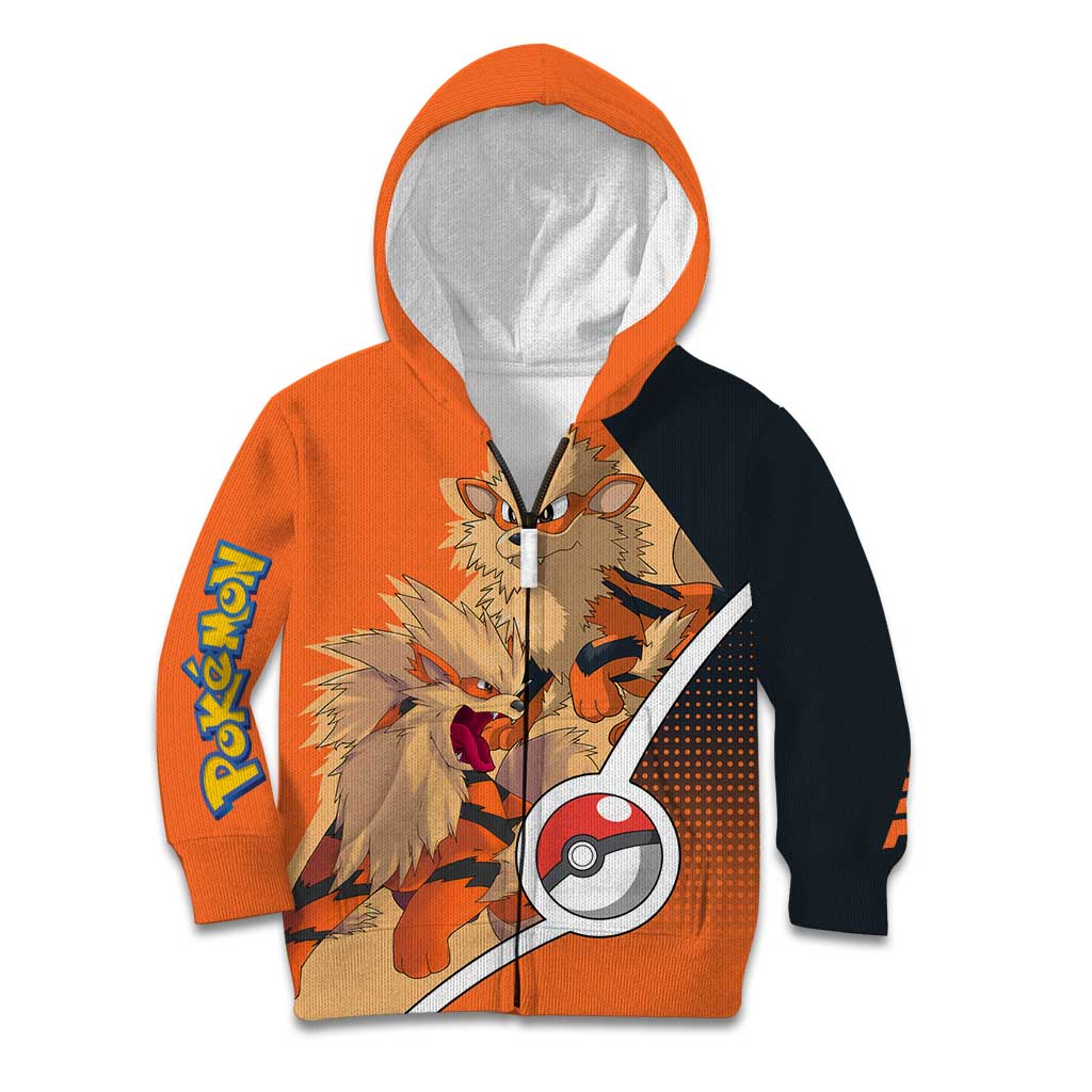 Arcanine Poké Kid Hoodie with Fire Type Badge Design and Fierce Roar Pose Print - The Mazicc