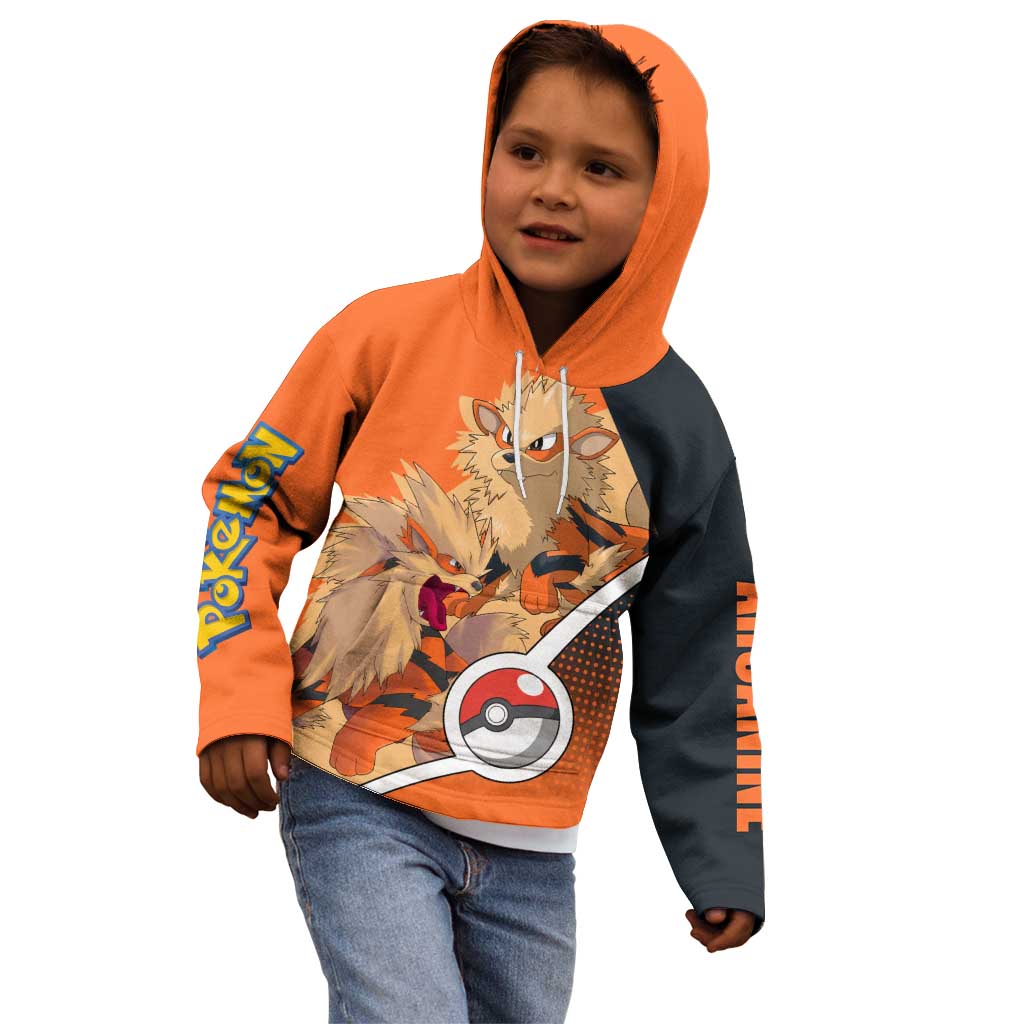 Arcanine Poké Kid Hoodie with Fire Type Badge Design and Fierce Roar Pose Print - The Mazicc