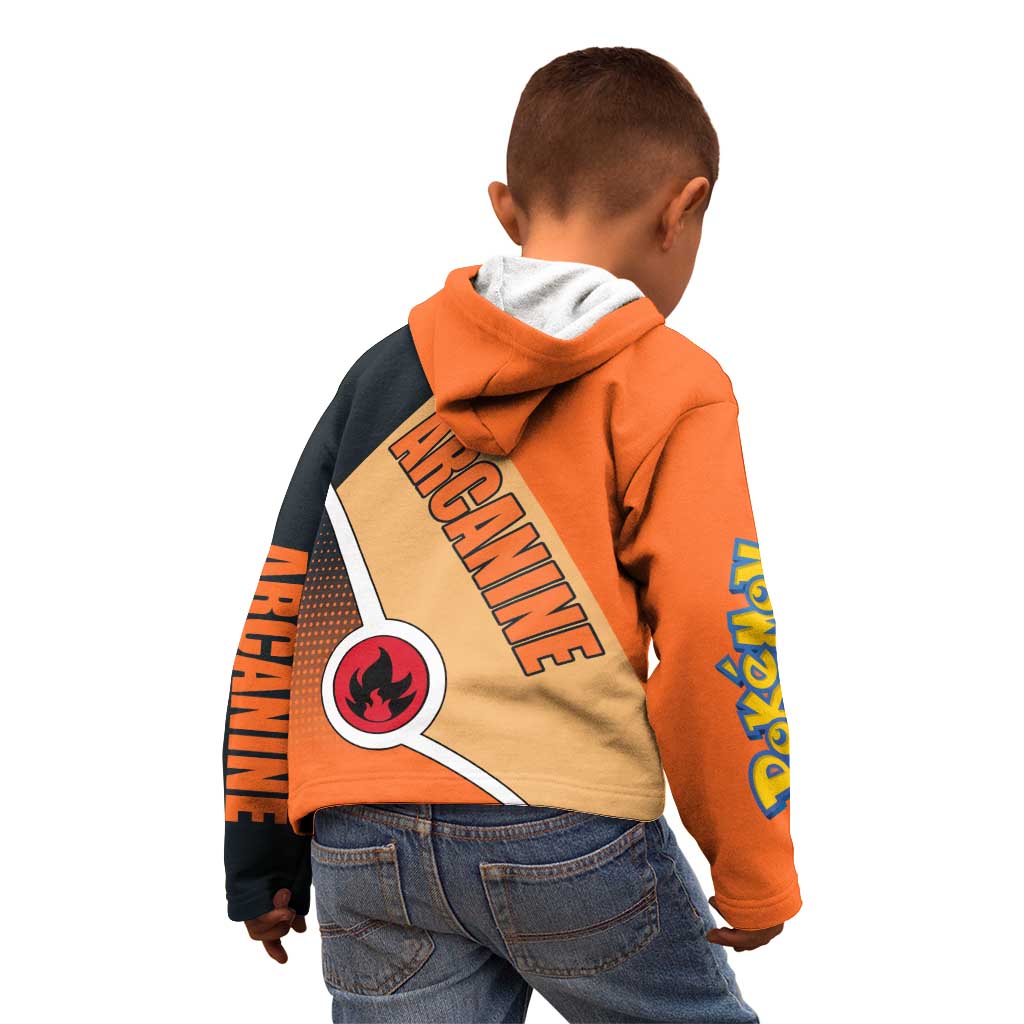 Arcanine Poké Kid Hoodie with Fire Type Badge Design and Fierce Roar Pose Print - The Mazicc