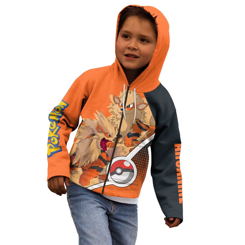 Arcanine Poké Kid Hoodie with Fire Type Badge Design and Fierce Roar Pose Print - The Mazicc