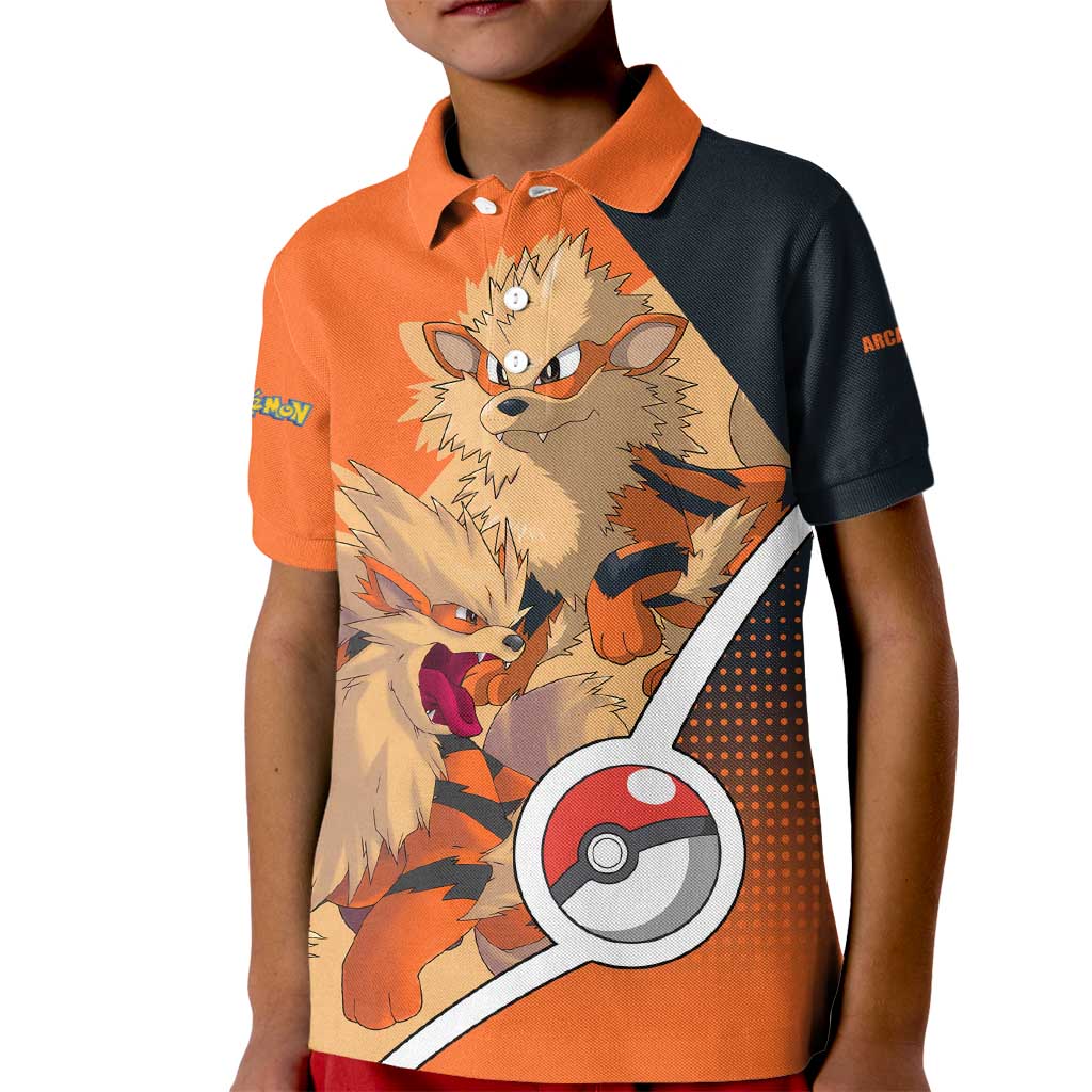 Arcanine Poké Kid Polo Shirt with Fire Type Badge Design and Fierce Roar Pose Print - The Mazicc
