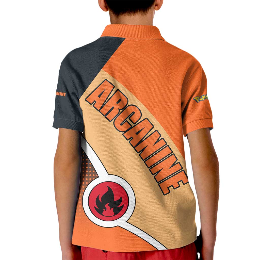 Arcanine Poké Kid Polo Shirt with Fire Type Badge Design and Fierce Roar Pose Print - The Mazicc