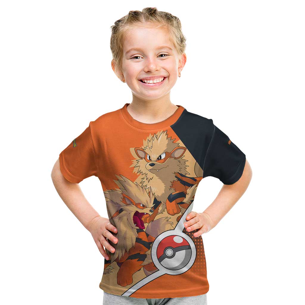 Arcanine Poké Kid T Shirt with Fire Type Badge Design and Fierce Roar Pose Print - The Mazicc