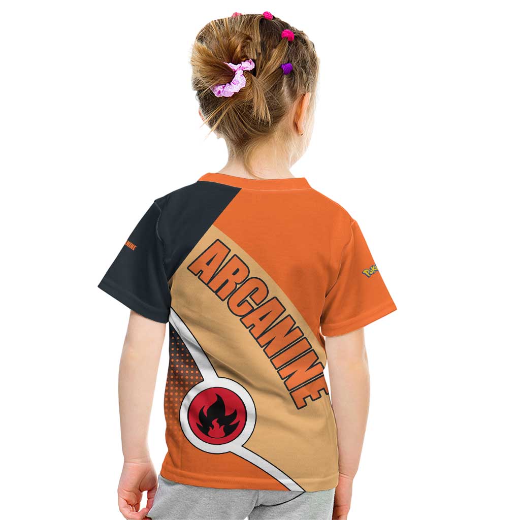 Arcanine Poké Kid T Shirt with Fire Type Badge Design and Fierce Roar Pose Print - The Mazicc