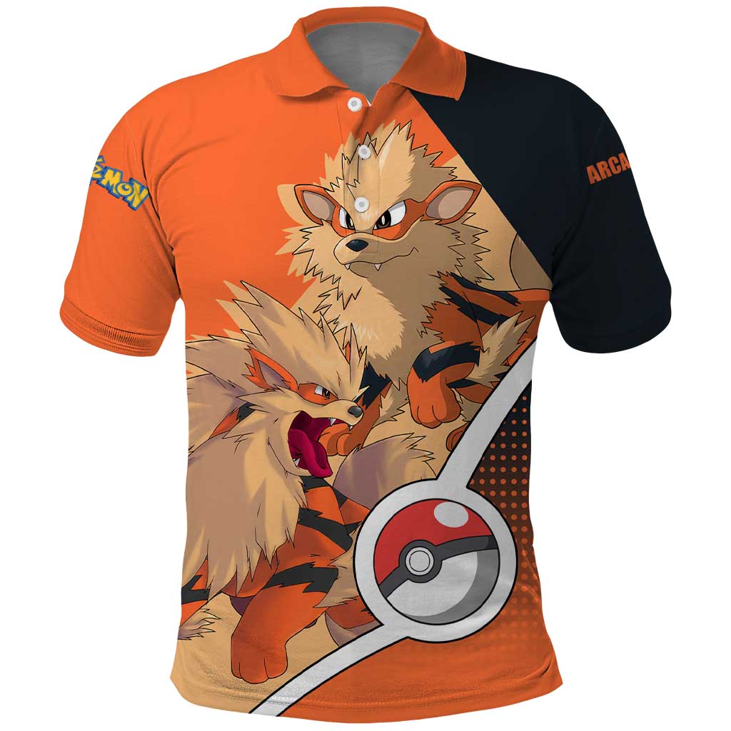 Arcanine Poké Polo Shirt with Fire Type Badge Design and Fierce Roar Pose Print - The Mazicc