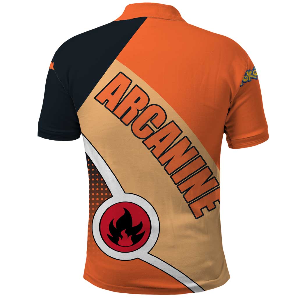 Arcanine Poké Polo Shirt with Fire Type Badge Design and Fierce Roar Pose Print - The Mazicc