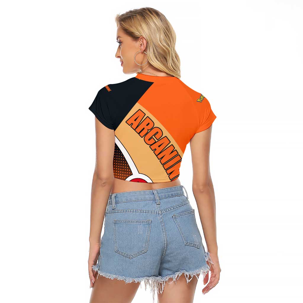 Arcanine Poké Raglan Cropped T Shirt with Fire Type Badge Design and Fierce Roar Pose Print - The Mazicc