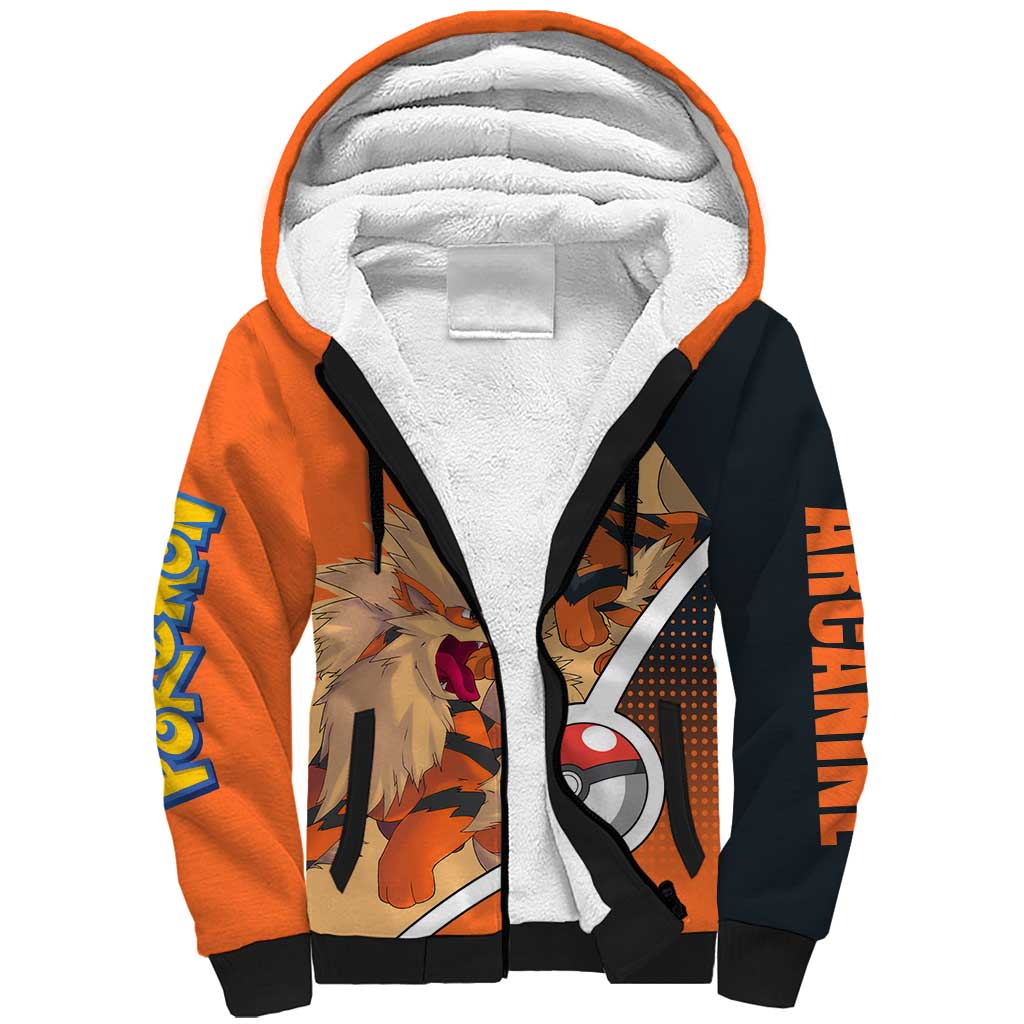 Arcanine Poké Sherpa Hoodie with Fire Type Badge Design and Fierce Roar Pose Print - The Mazicc