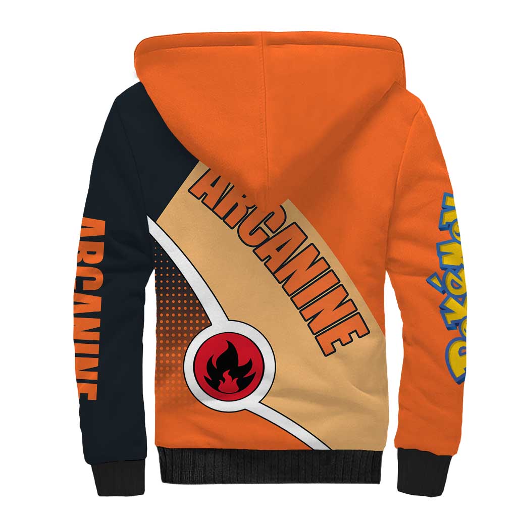 Arcanine Poké Sherpa Hoodie with Fire Type Badge Design and Fierce Roar Pose Print - The Mazicc