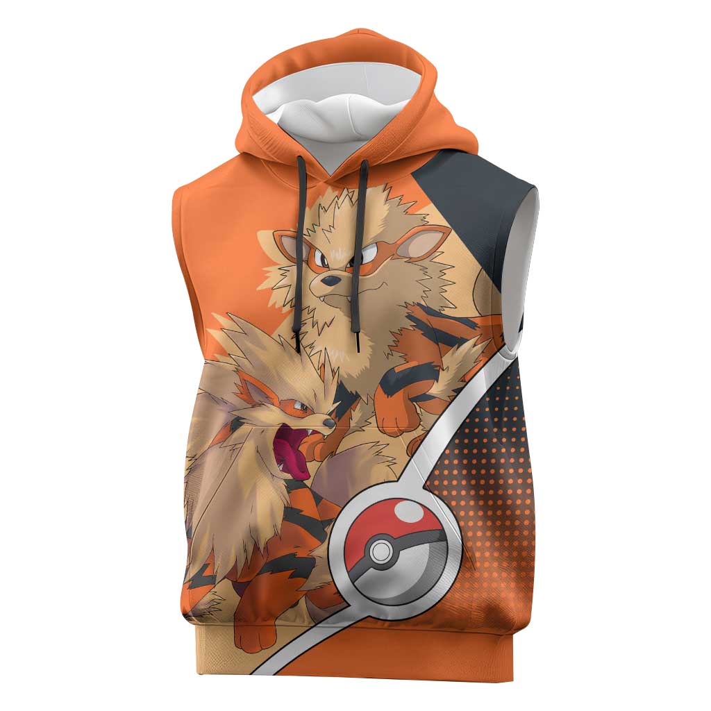 Arcanine Poké Sleeveless Hoodie with Fire Type Badge Design and Fierce Roar Pose Print - The Mazicc