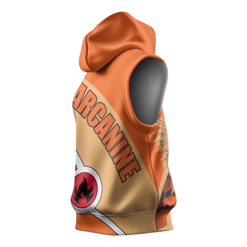 Arcanine Poké Sleeveless Hoodie with Fire Type Badge Design and Fierce Roar Pose Print - The Mazicc