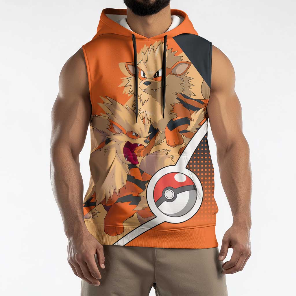 Arcanine Poké Sleeveless Hoodie with Fire Type Badge Design and Fierce Roar Pose Print - The Mazicc