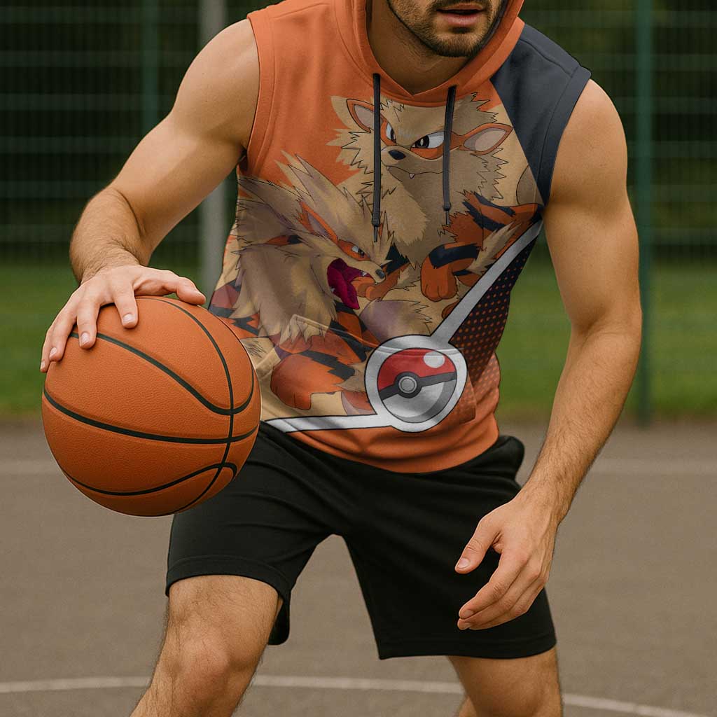Arcanine Poké Sleeveless Hoodie with Fire Type Badge Design and Fierce Roar Pose Print - The Mazicc