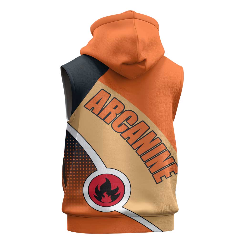 Arcanine Poké Sleeveless Zip Hoodie with Fire Type Badge Design and Fierce Roar Pose Print - The Mazicc