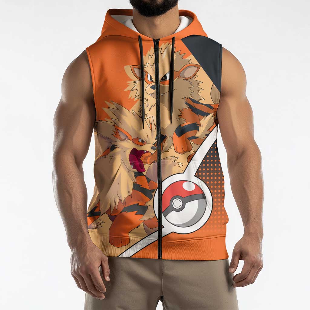 Arcanine Poké Sleeveless Zip Hoodie with Fire Type Badge Design and Fierce Roar Pose Print - The Mazicc