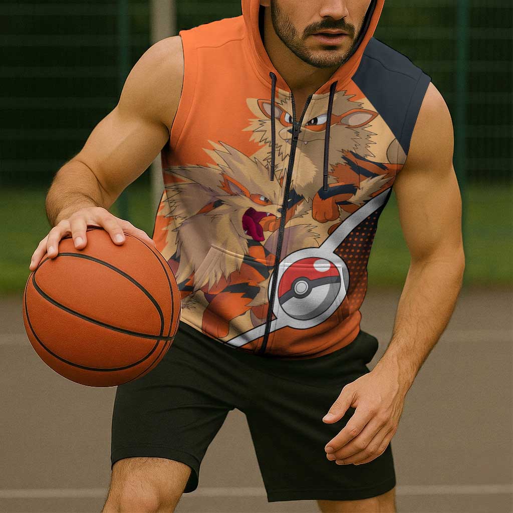 Arcanine Poké Sleeveless Zip Hoodie with Fire Type Badge Design and Fierce Roar Pose Print - The Mazicc