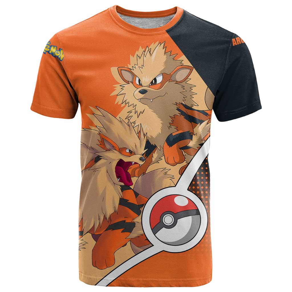 Arcanine Poké T Shirt with Fire Type Badge Design and Fierce Roar Pose Print - The Mazicc