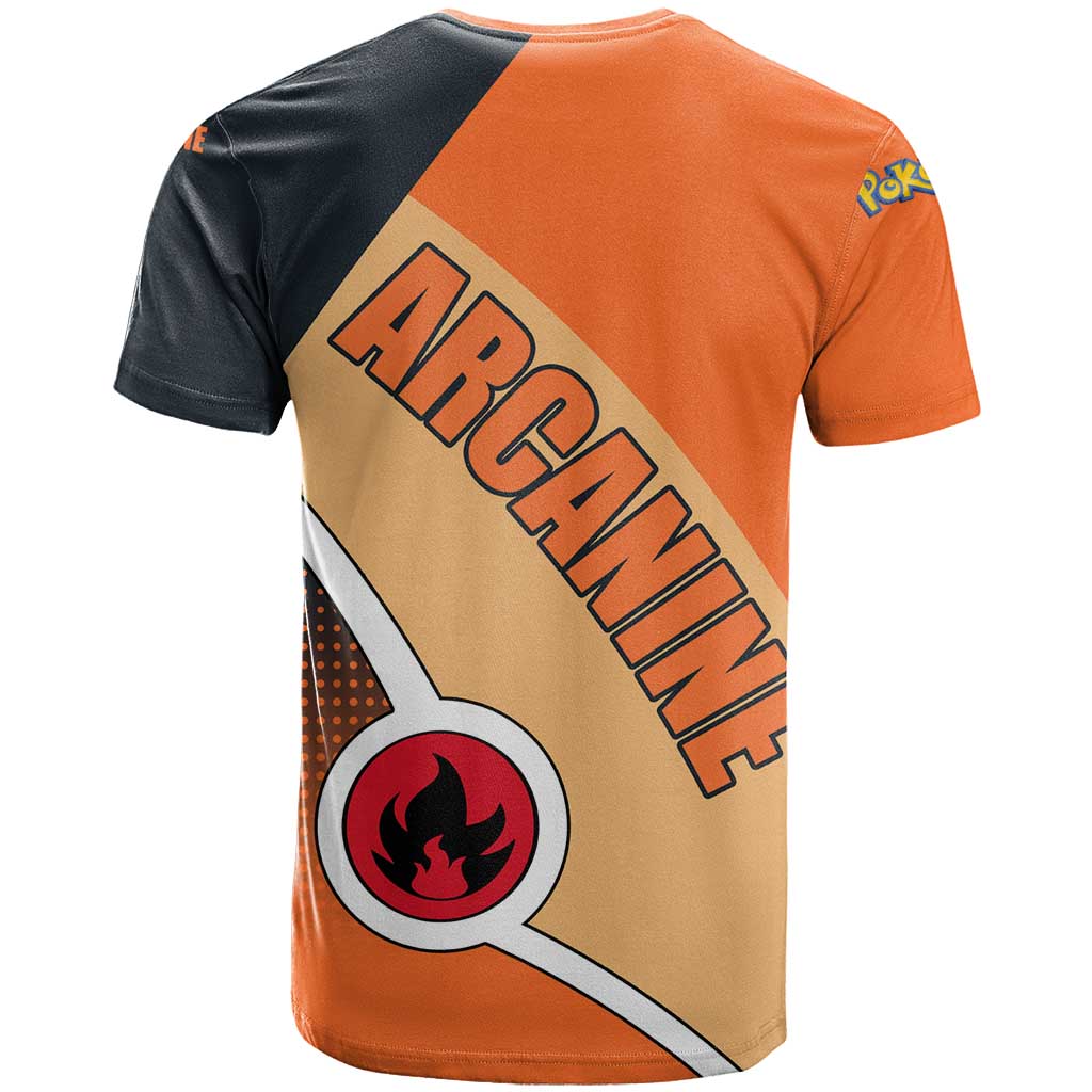 Arcanine Poké T Shirt with Fire Type Badge Design and Fierce Roar Pose Print - The Mazicc