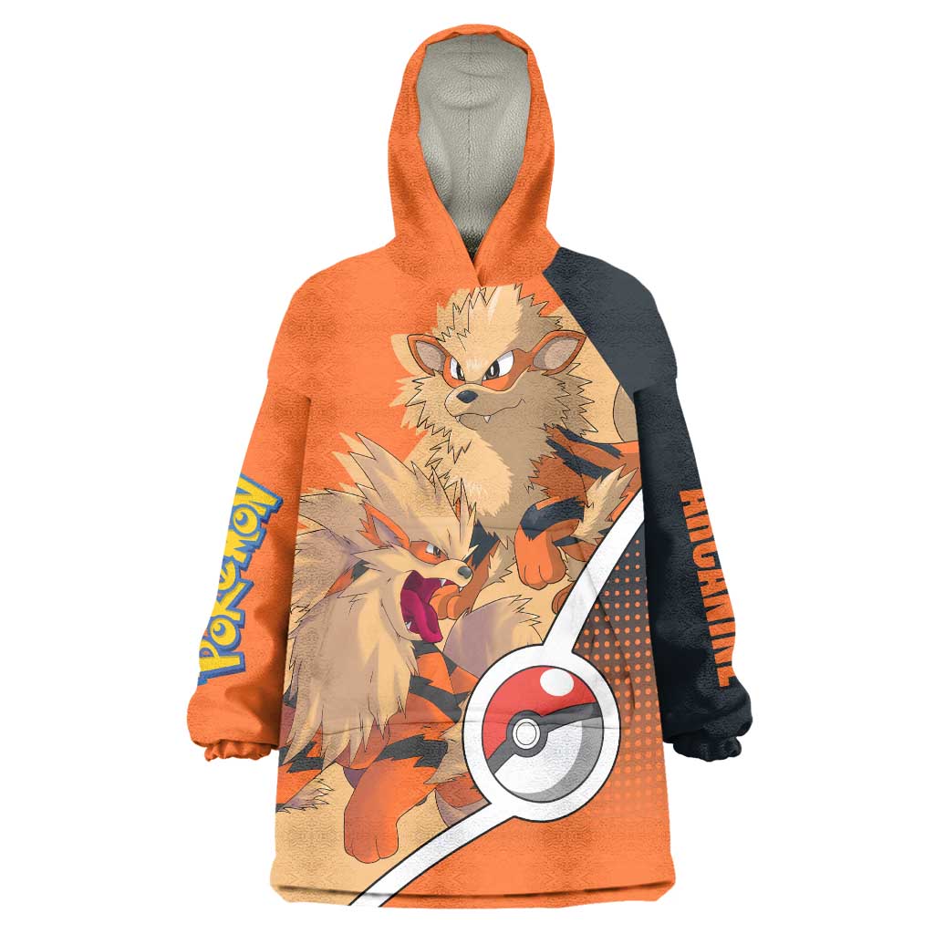 Arcanine Poké Wearable Blanket Hoodie with Fire Type Badge Design and Fierce Roar Pose Print - The Mazicc