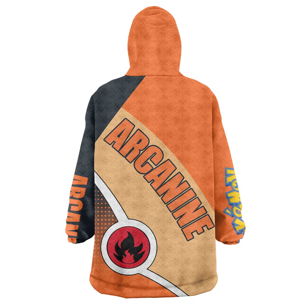 Arcanine Poké Wearable Blanket Hoodie with Fire Type Badge Design and Fierce Roar Pose Print - The Mazicc