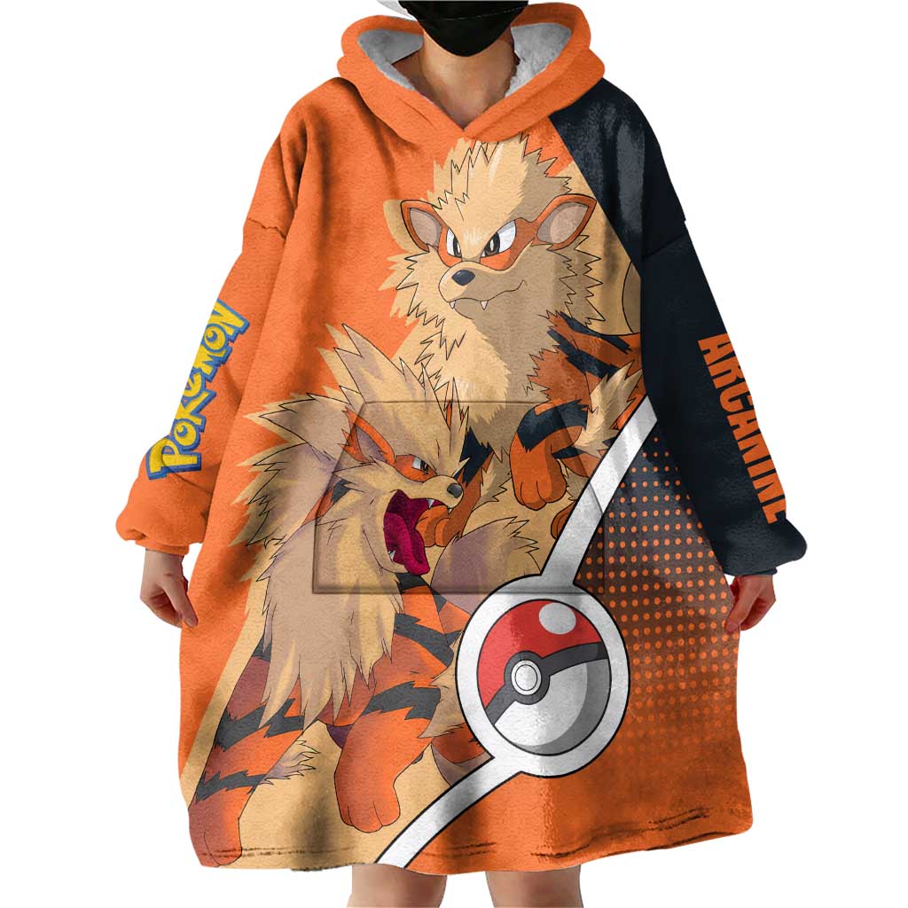 Arcanine Poké Wearable Blanket Hoodie with Fire Type Badge Design and Fierce Roar Pose Print - The Mazicc