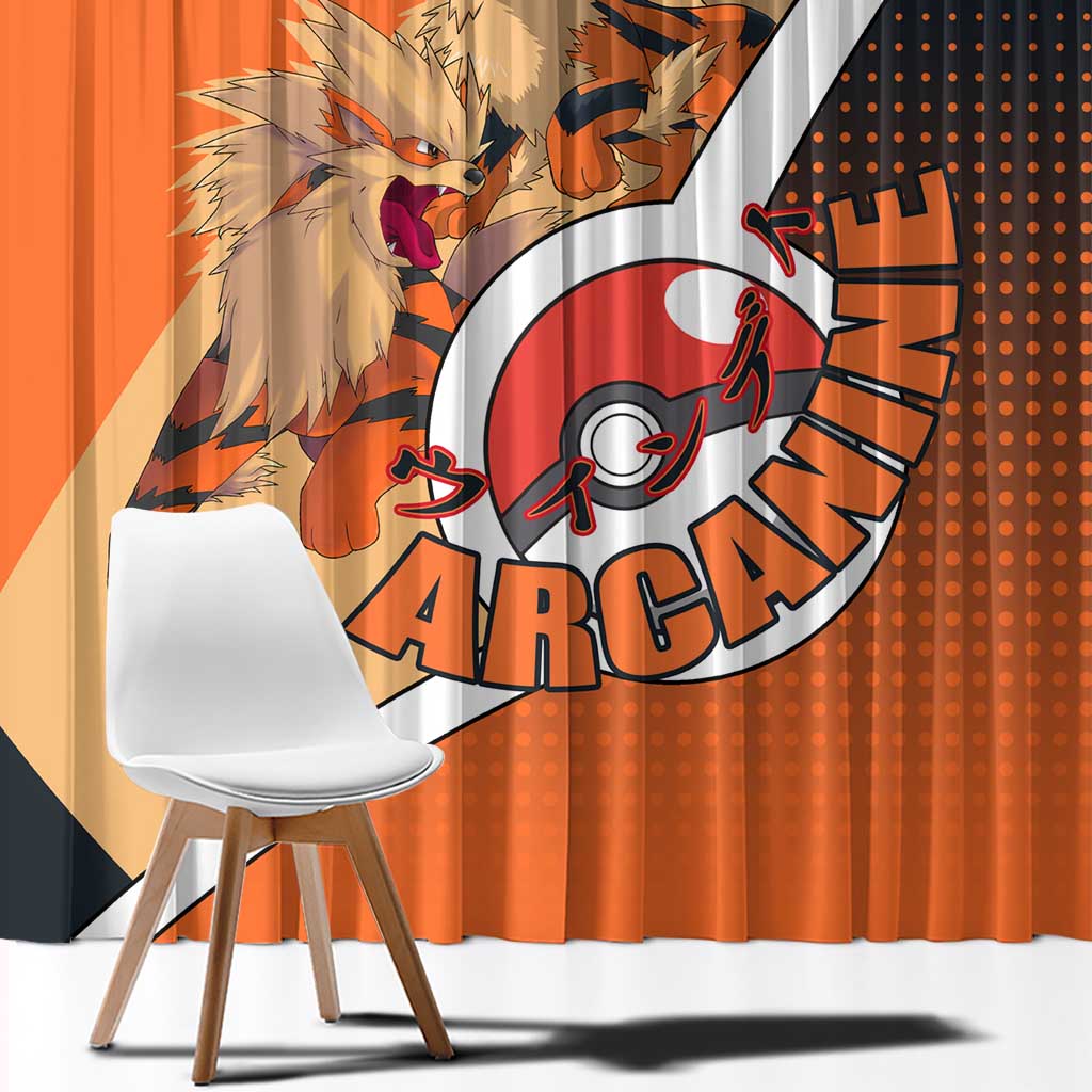 Arcanine Poké Window Curtain with Fire Type Badge Design and Fierce Roar Pose Print - The Mazicc