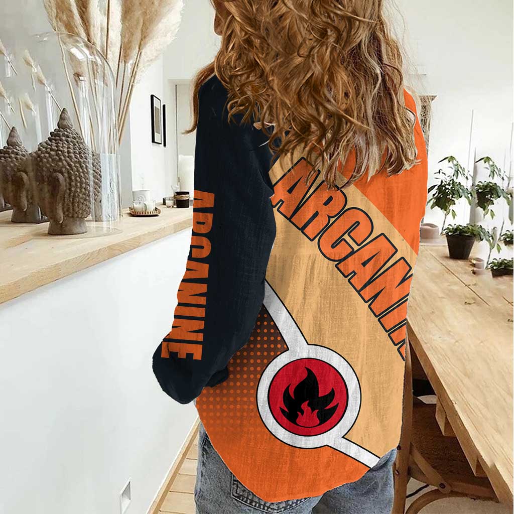 Arcanine Poké Women Casual Shirt with Fire Type Badge Design and Fierce Roar Pose Print - The Mazicc