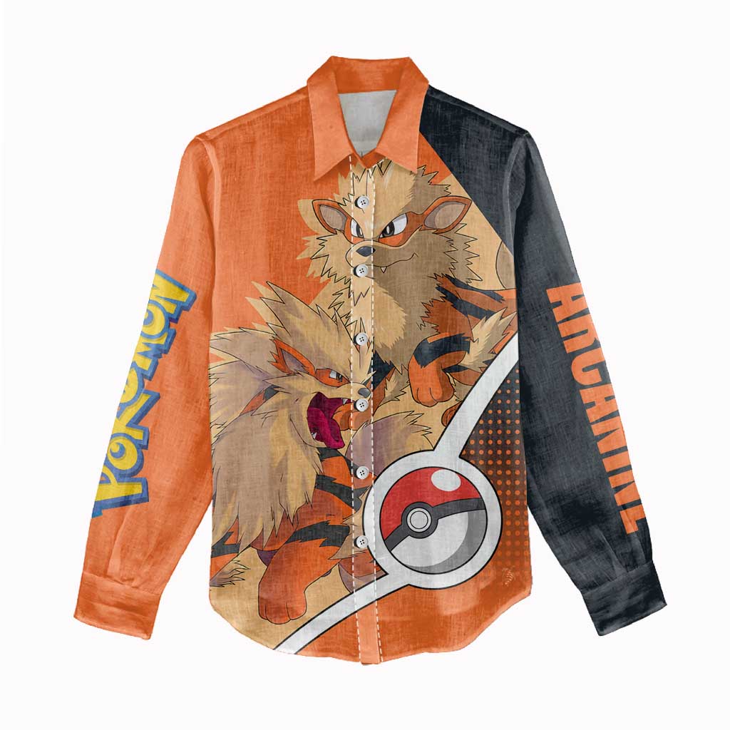Arcanine Poké Women Casual Shirt with Fire Type Badge Design and Fierce Roar Pose Print - The Mazicc