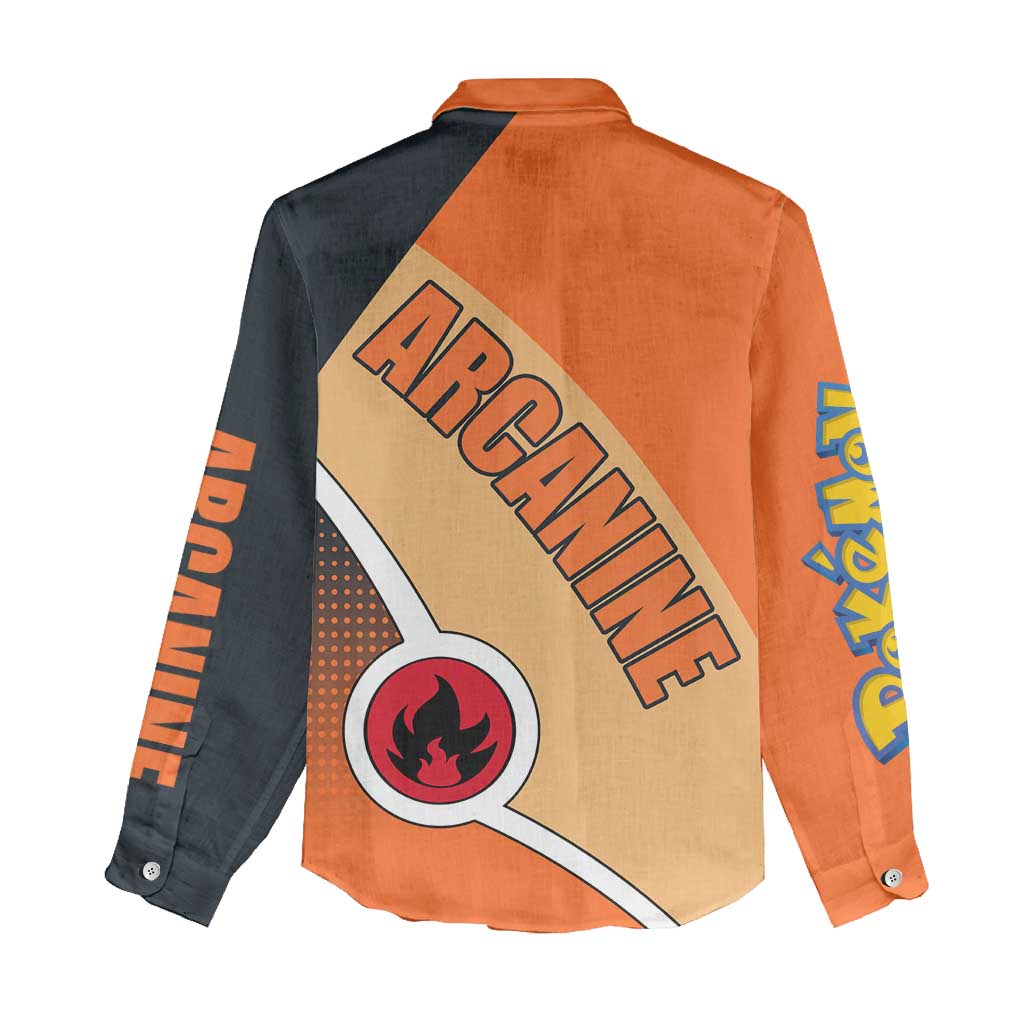 Arcanine Poké Women Casual Shirt with Fire Type Badge Design and Fierce Roar Pose Print - The Mazicc