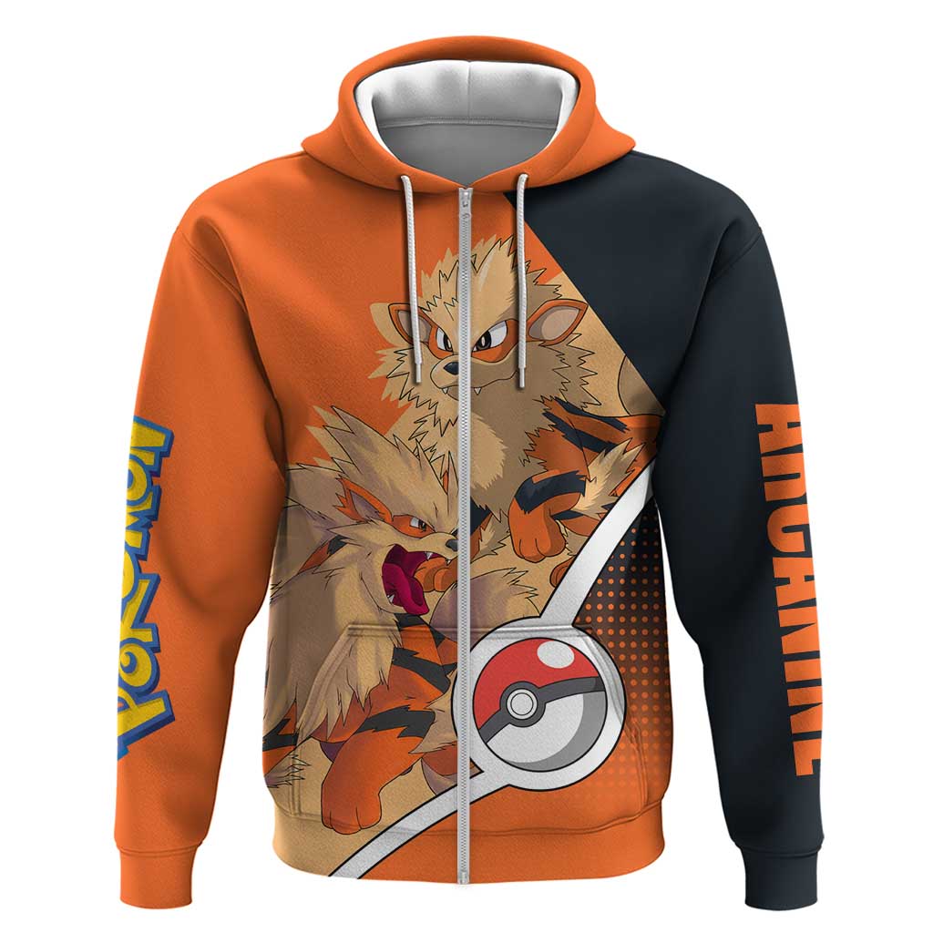 Arcanine Poké Zip Hoodie with Fire Type Badge Design and Fierce Roar Pose Print - The Mazicc