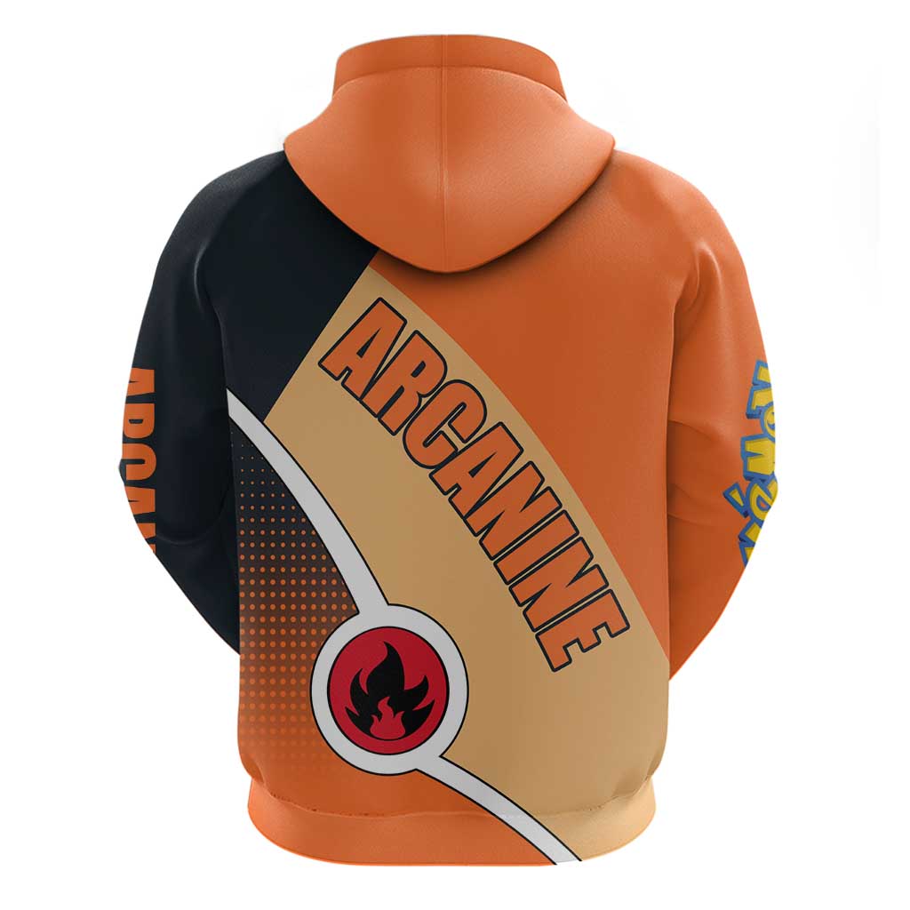Arcanine Poké Zip Hoodie with Fire Type Badge Design and Fierce Roar Pose Print - The Mazicc
