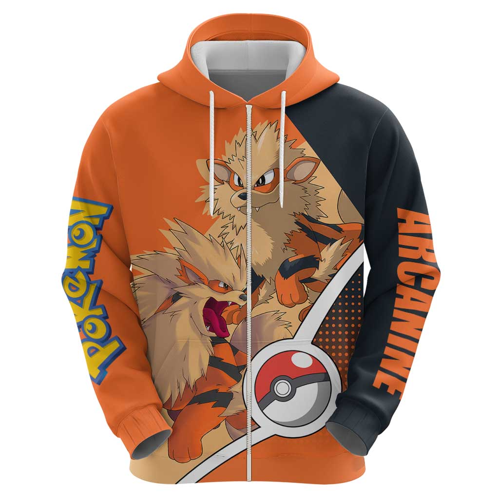 Arcanine Poké Zip Hoodie with Fire Type Badge Design and Fierce Roar Pose Print - The Mazicc