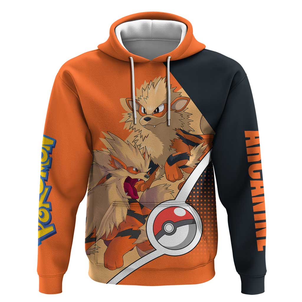 Arcanine Poké Zip Hoodie with Fire Type Badge Design and Fierce Roar Pose Print - The Mazicc