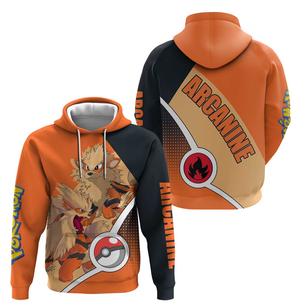 Arcanine Poké Zip Hoodie with Fire Type Badge Design and Fierce Roar Pose Print - The Mazicc