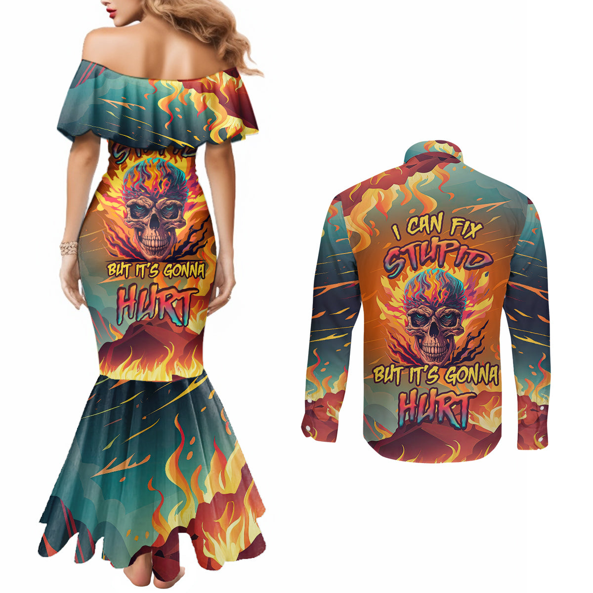 i-can-fix-stupid-bit-its-gonna-hurt-flaming-kull-couples-matching-mermaid-dress-and-long-sleeve-button-shirts