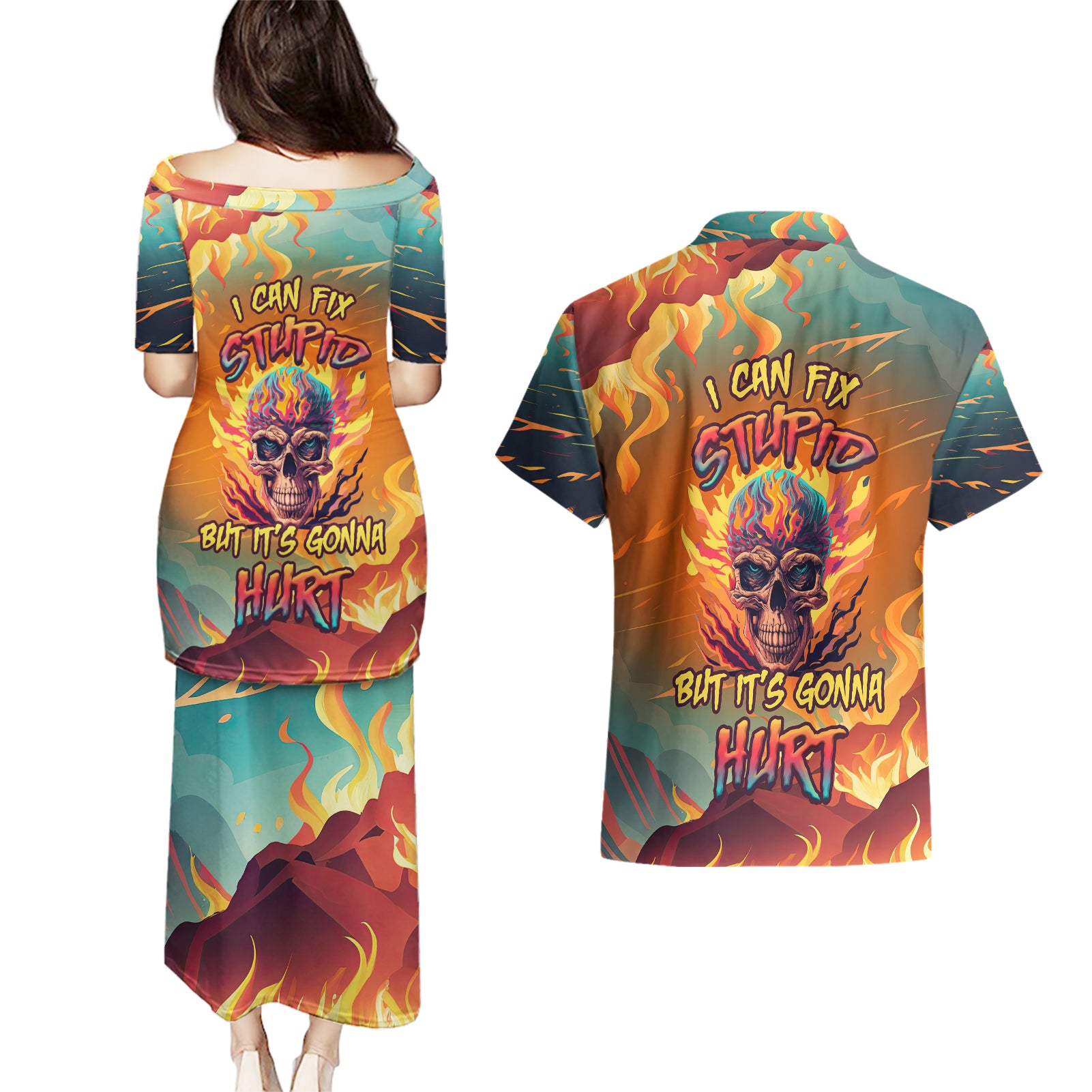 i-can-fix-stupid-bit-its-gonna-hurt-flaming-kull-couples-matching-puletasi-dress-and-hawaiian-shirt