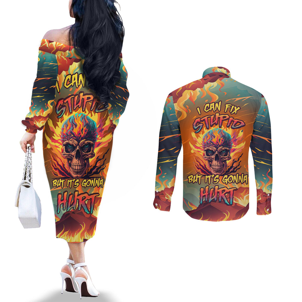 skull-flaming-couples-matching-off-the-shoulder-long-sleeve-dress-and-long-sleeve-button-shirts-i-can-fix-stupid-but-its-gonna-hurt