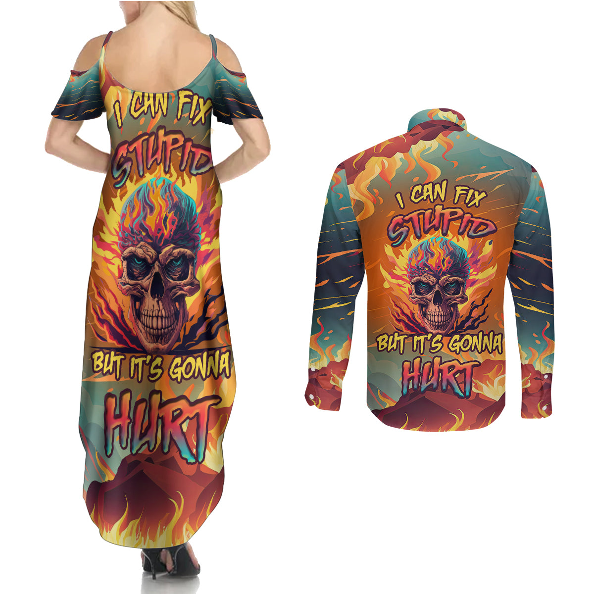 skull-flaming-couples-matching-summer-maxi-dress-and-long-sleeve-button-shirts-i-can-fix-stupid-but-its-gonna-hurt