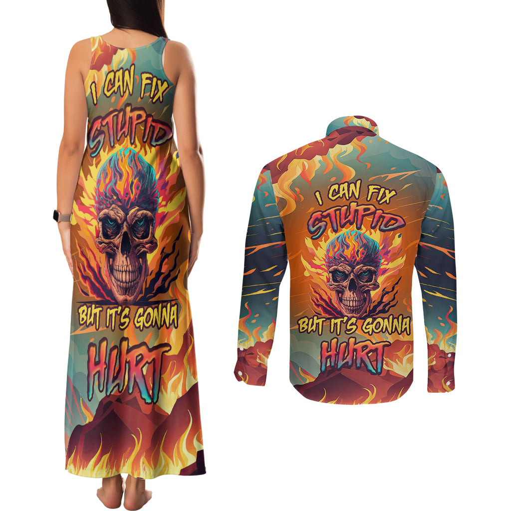 skull-flaming-couples-matching-tank-maxi-dress-and-long-sleeve-button-shirts-i-can-fix-stupid-but-its-gonna-hurt