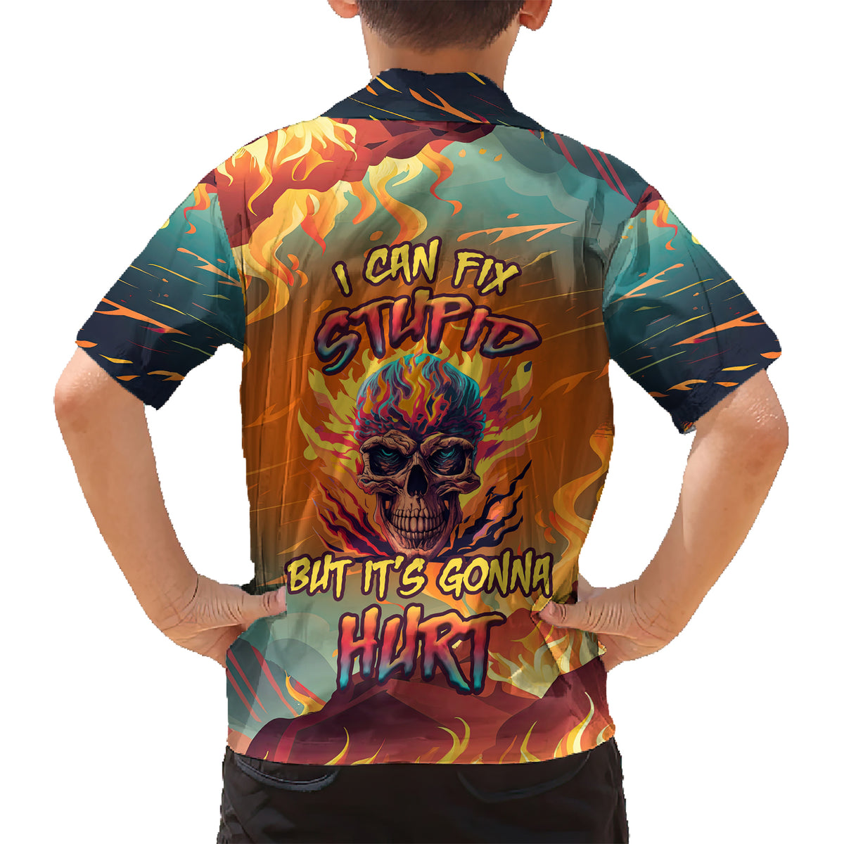 skull-flaming-family-matching-short-sleeve-bodycon-dress-and-hawaiian-shirt-i-can-fix-stupid-but-its-gonna-hurt