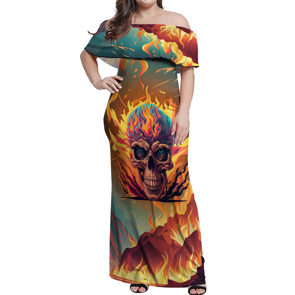 skull-flaming-off-shoulder-maxi-dress-i-can-fix-stupid-but-its-gonna-hurt