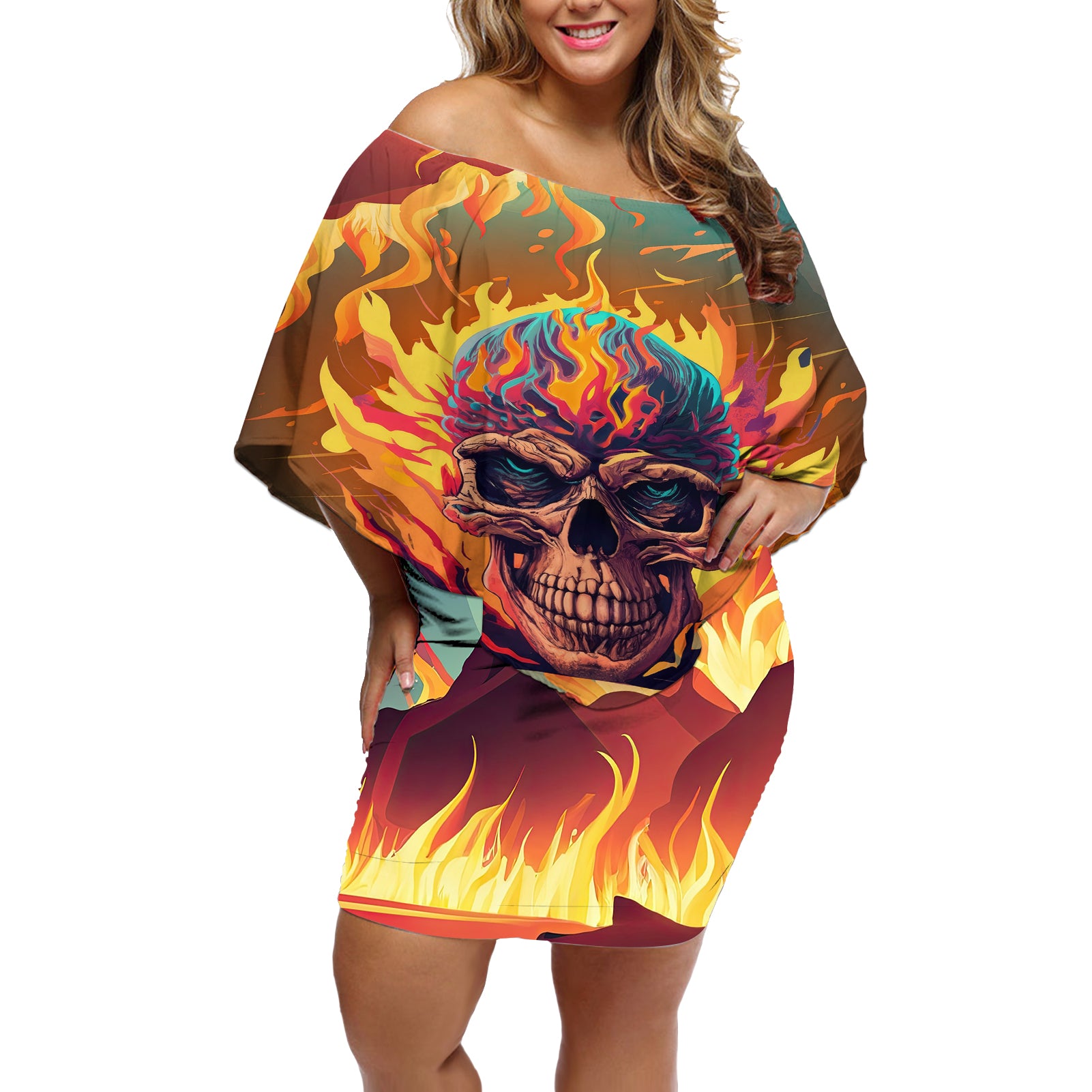 skull-flaming-off-shoulder-short-dress-i-can-fix-stupid-but-its-gonna-hurt