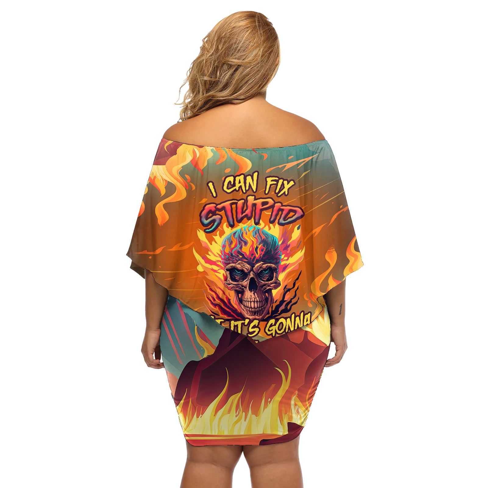 skull-flaming-off-shoulder-short-dress-i-can-fix-stupid-but-its-gonna-hurt