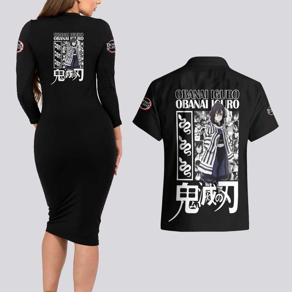 Obanai Iguro Kimesu No Yaiba Couples Matching Long Sleeve Bodycon Dress and Hawaiian Shirt Anime Style