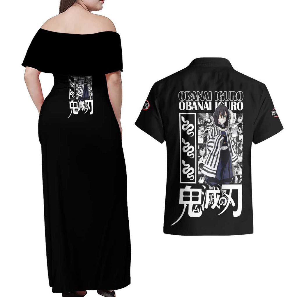 Obanai Iguro Kimesu No Yaiba Couples Matching Off Shoulder Maxi Dress and Hawaiian Shirt Anime Style