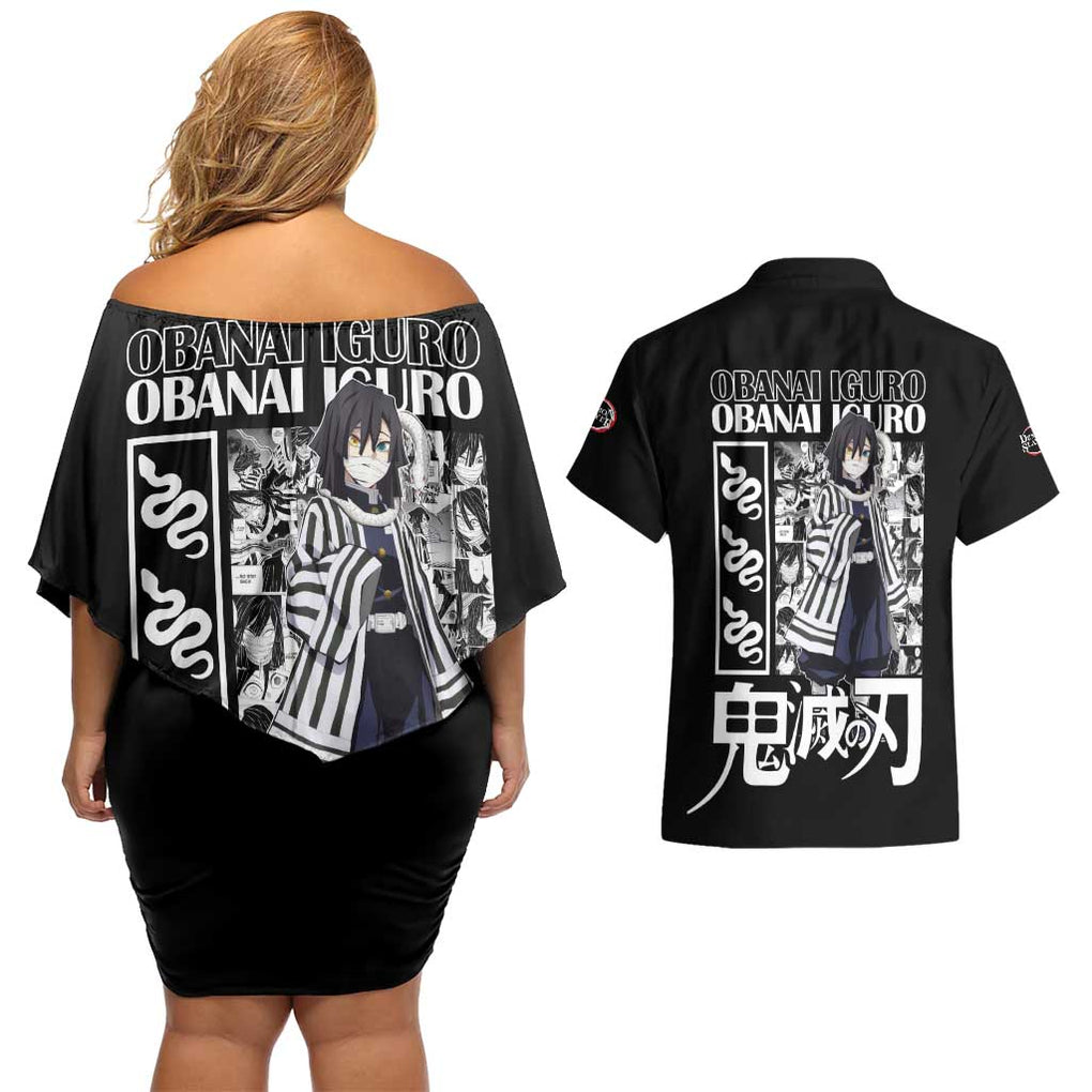 Obanai Iguro Kimesu No Yaiba Couples Matching Off Shoulder Short Dress and Hawaiian Shirt Anime Style
