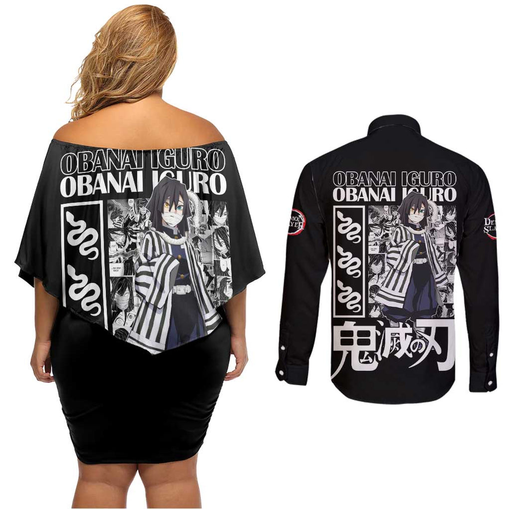 Obanai Iguro Kimesu No Yaiba Couples Matching Off Shoulder Short Dress and Long Sleeve Button Shirt Anime Style